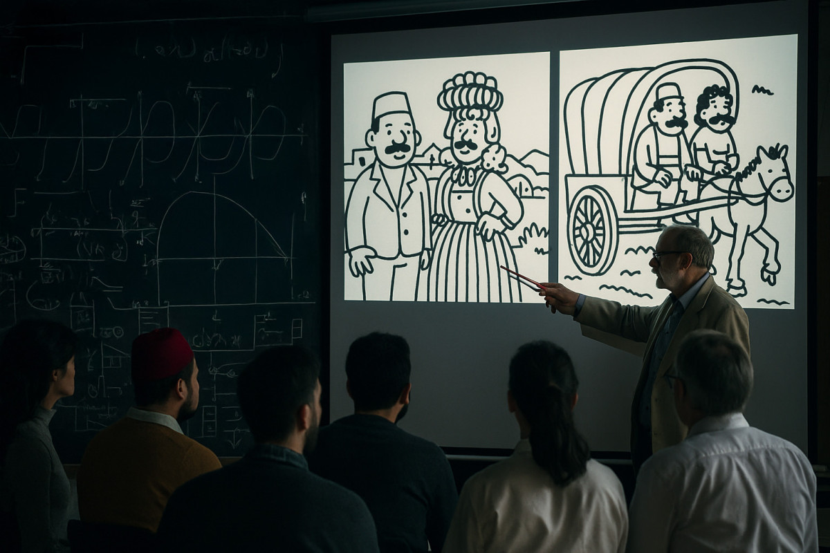 A team of researchers reviews a projected image of SYLVIA-generated illustrations showing recurring moustaches and fezzes.