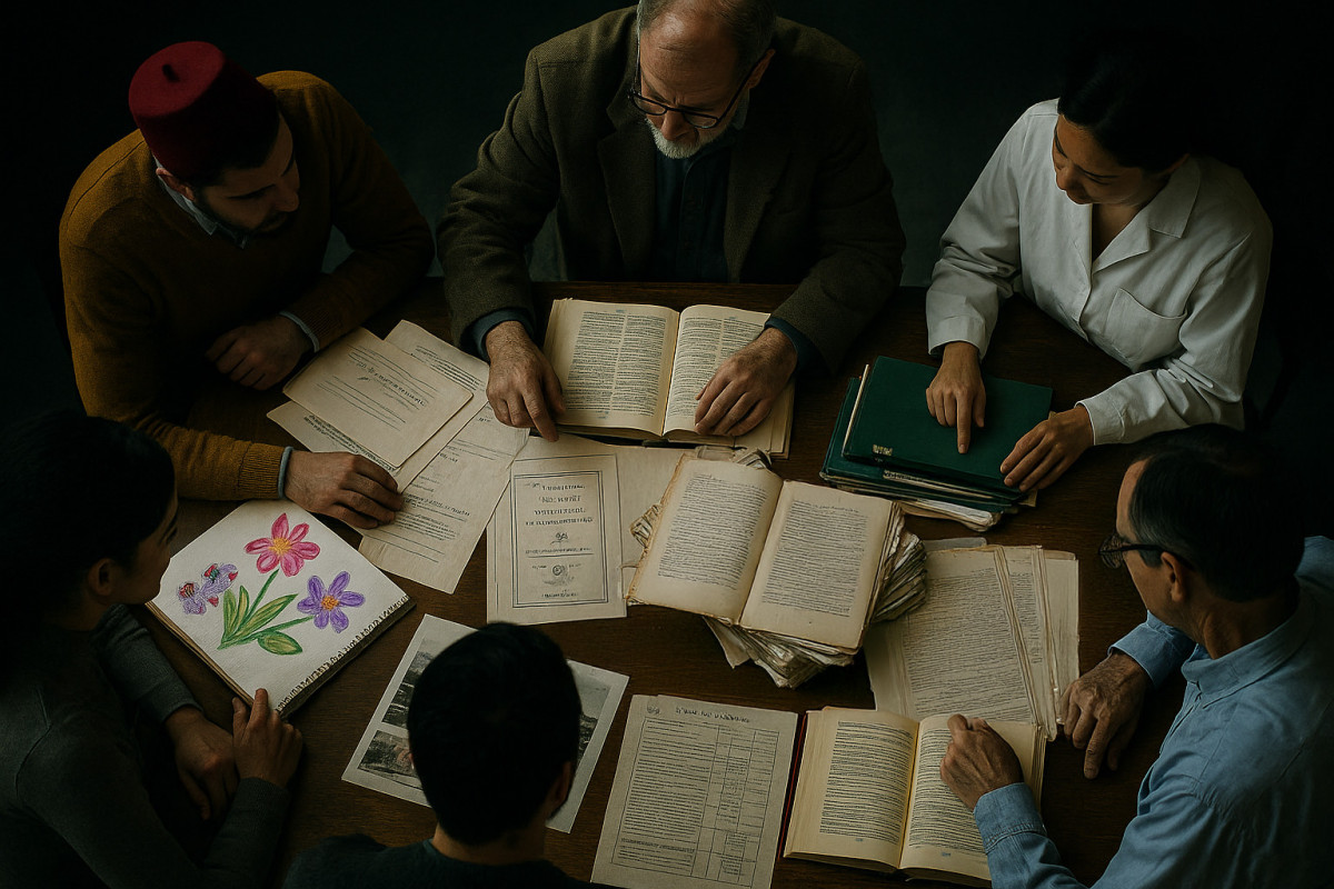 A landscape photo showing six researchers around a large table covered in documents.