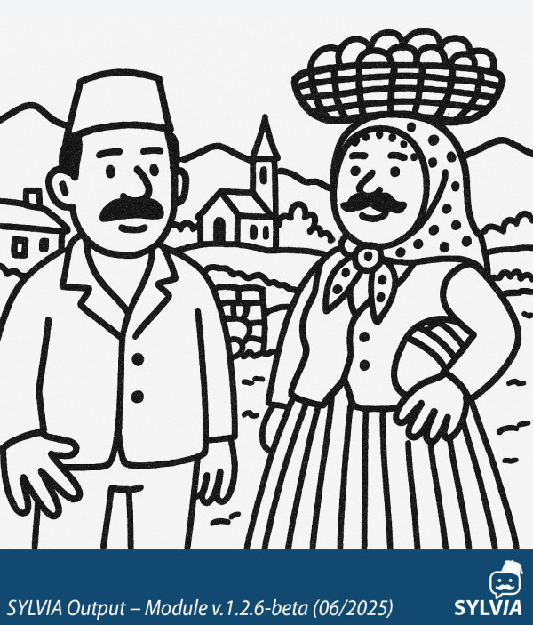 SYLVIA-generated artwork depicting Syldavian farmers in rural setting