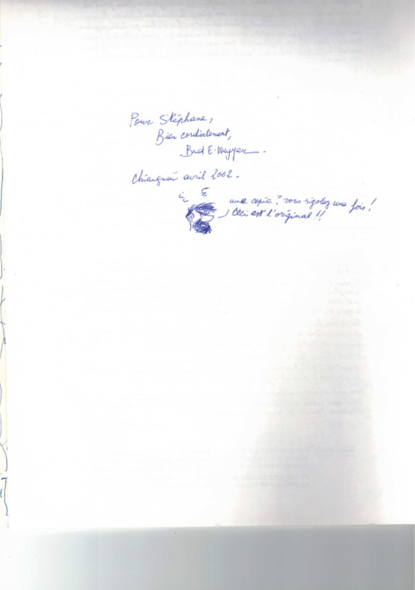 Interior page from signed Tintin in Thailand booklet with author dedication